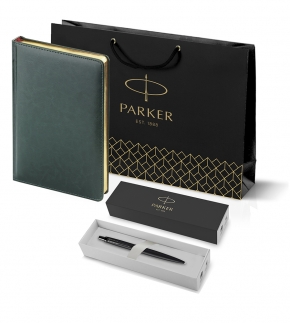 Монополия | Подарочный набор: Шариковая ручка Parker Jotter XL SE20 Monochrome в подарочной упаковке, цвет: Black, стержень: Mblue и Ежедневник зеленый недатиров 