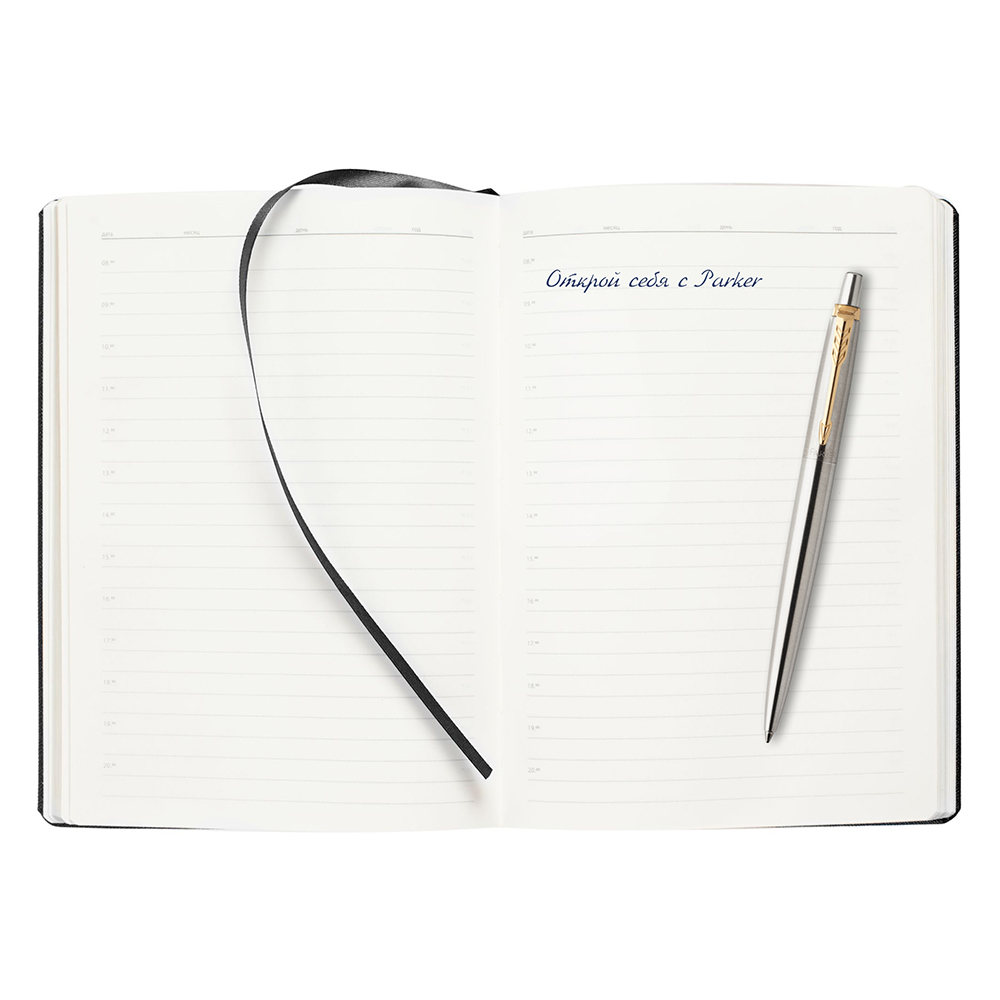 Подарочный набор: Шариковая ручка Parker Jotter Essential, St. Steel GT, стержень: Mblue и Ежедневник недатированный, черный. P1951110_5303182 | PARKER 