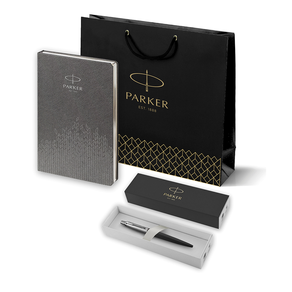 Подарочный набор: Шариковая ручка Parker Jotter Essential, Satin Black CT и Ежедневник недатированный, серый 2122753 | PARKER 