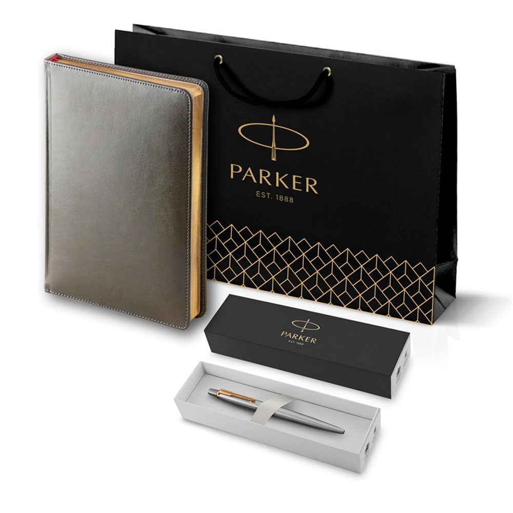 Подарочный набор: Ежедневник серый и Шариковая ручка Parker Jotter Essential, St. Steel GT  PR50B-GRY33Set | PARKER 